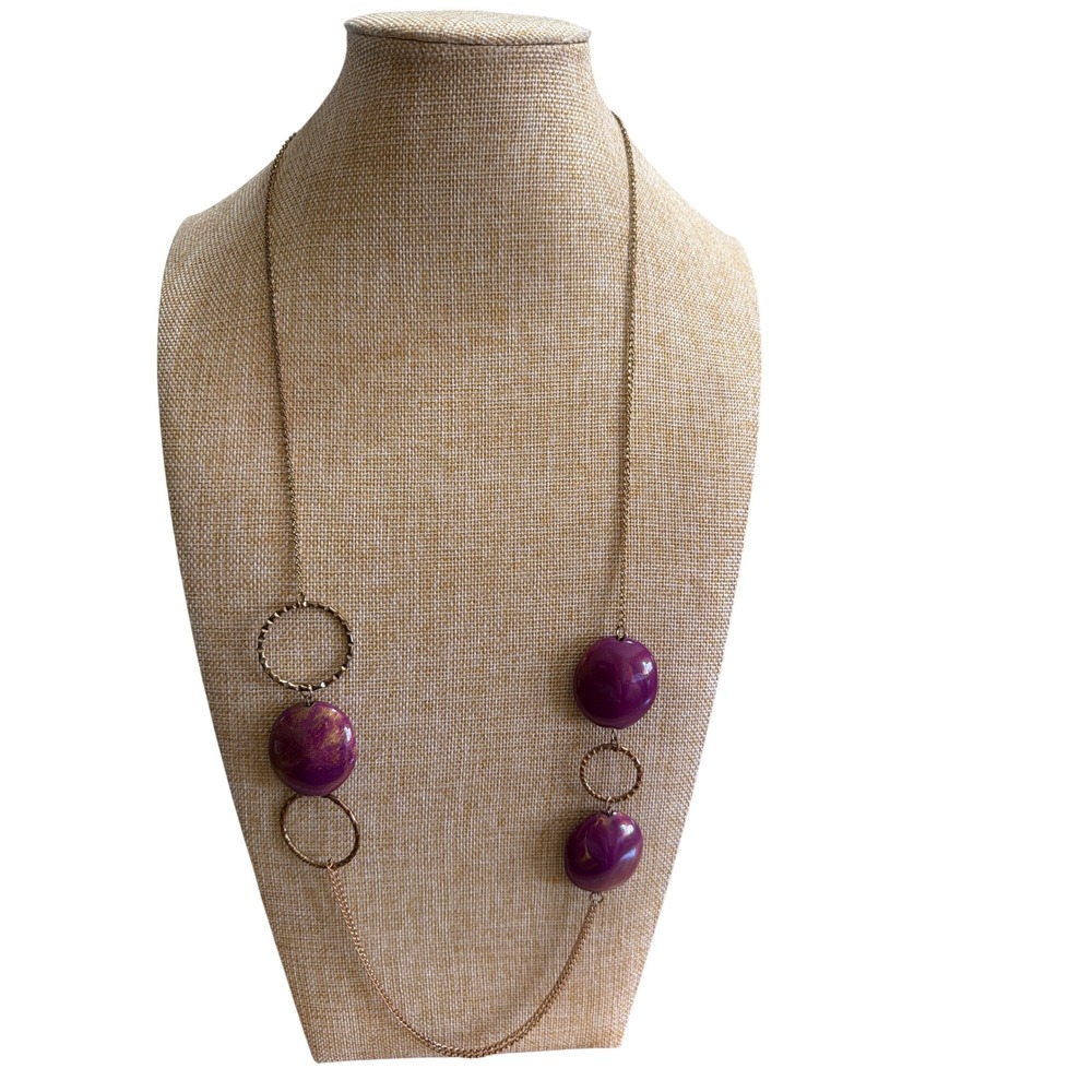Purple Gold Resin Marble Station Necklace Long Opera Length Textured Links 1815